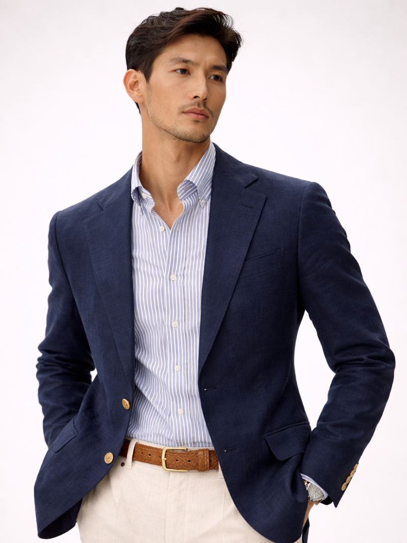 Man wearing a navy lightweight breathable tailored summer blazer for wedding, casual and business wear.
