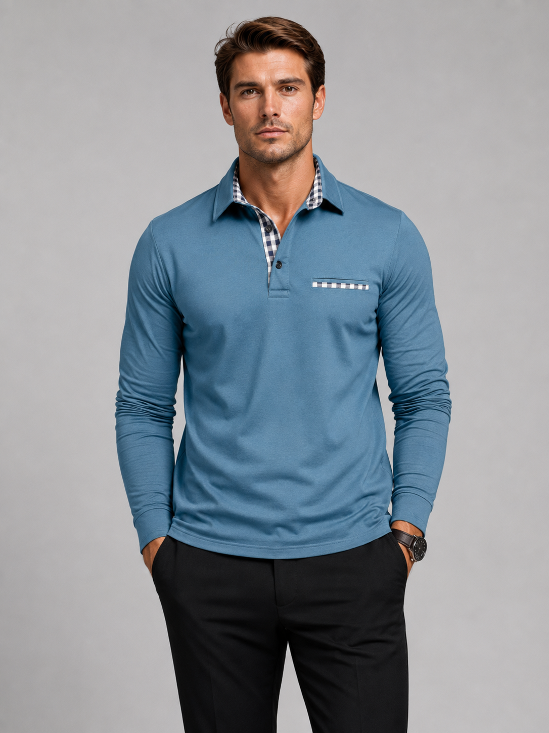 Men wearing blue long sleeve polo shirt with plaid panel business casual fall style