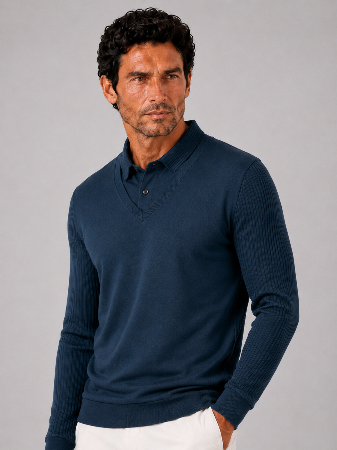 Men wearing blue long sleeve polo shirt lightweight solid color business casual office style