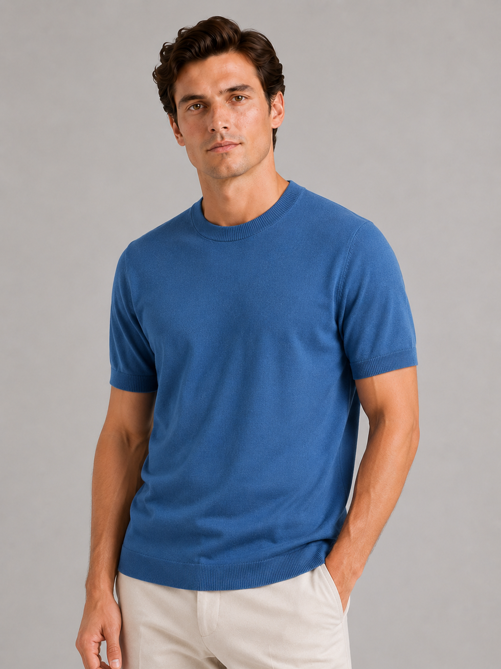 Men wearing blue merino wool knit t shirt short sleeve crew neck lightweight summer style