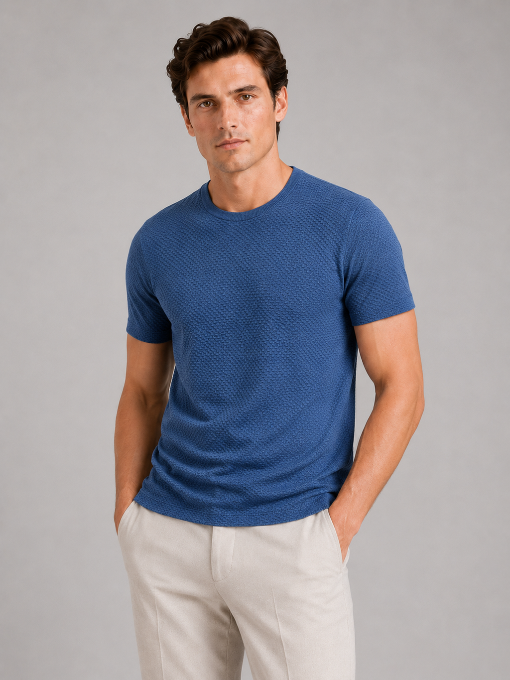 Men wearing blue mesh crew neck t shirt breathable lightweight stretch summer casual style