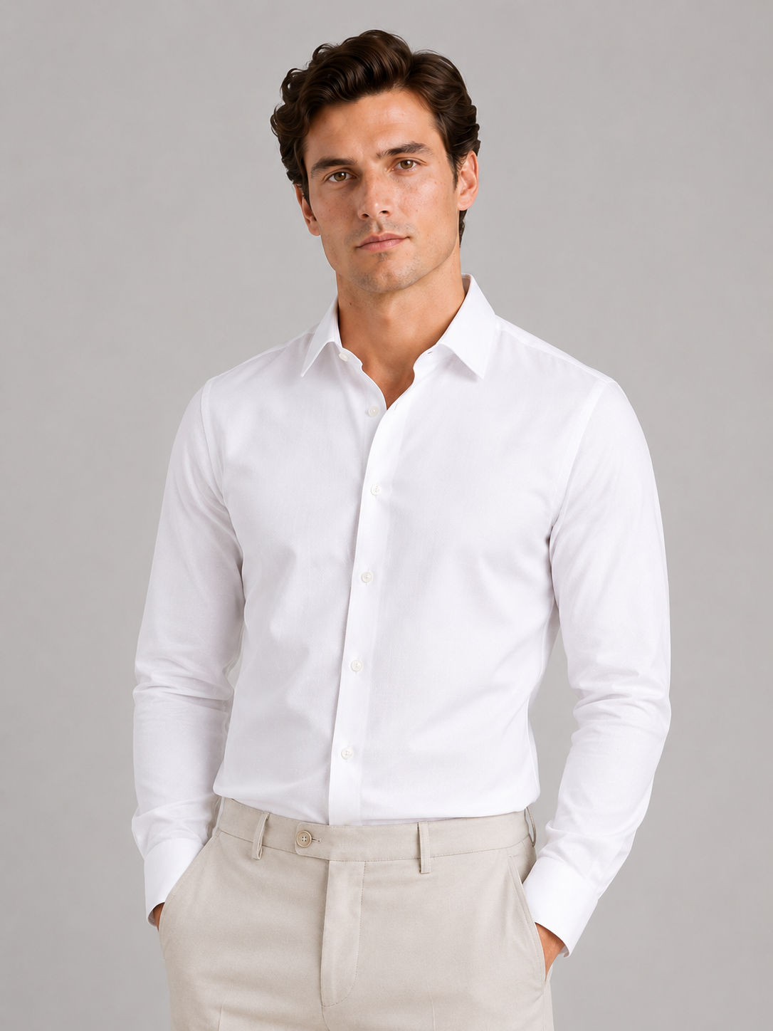 Men wearing white oxford shirt cotton button up lightweight summer business casual style