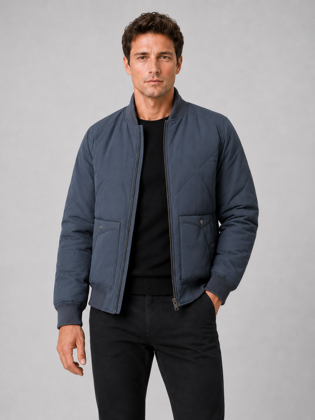 Men wearing blue padded baseball jacket cotton warm fall winter casual style