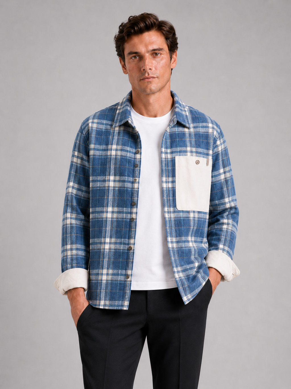 Men wearing blue plaid flannel shirt jacket long sleeve loose fit fall casual style