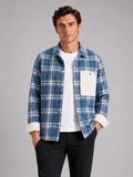 Men wearing blue plaid flannel shirt jacket long sleeve loose fit fall casual style
