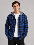 Men wearing blue plaid hooded flannel jacket long sleeve button down fall casual style