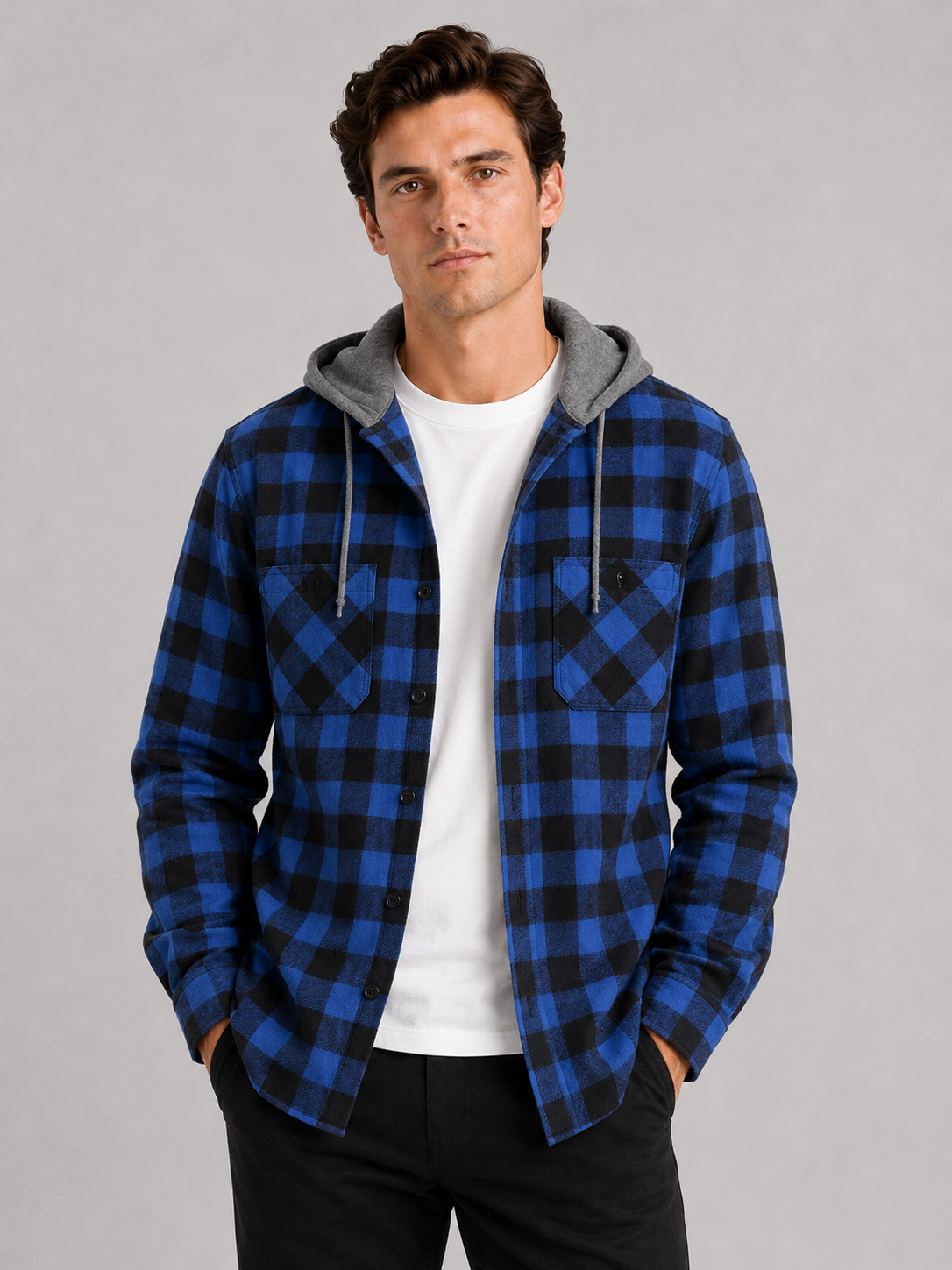 Men wearing blue plaid hooded flannel jacket long sleeve button down fall casual style