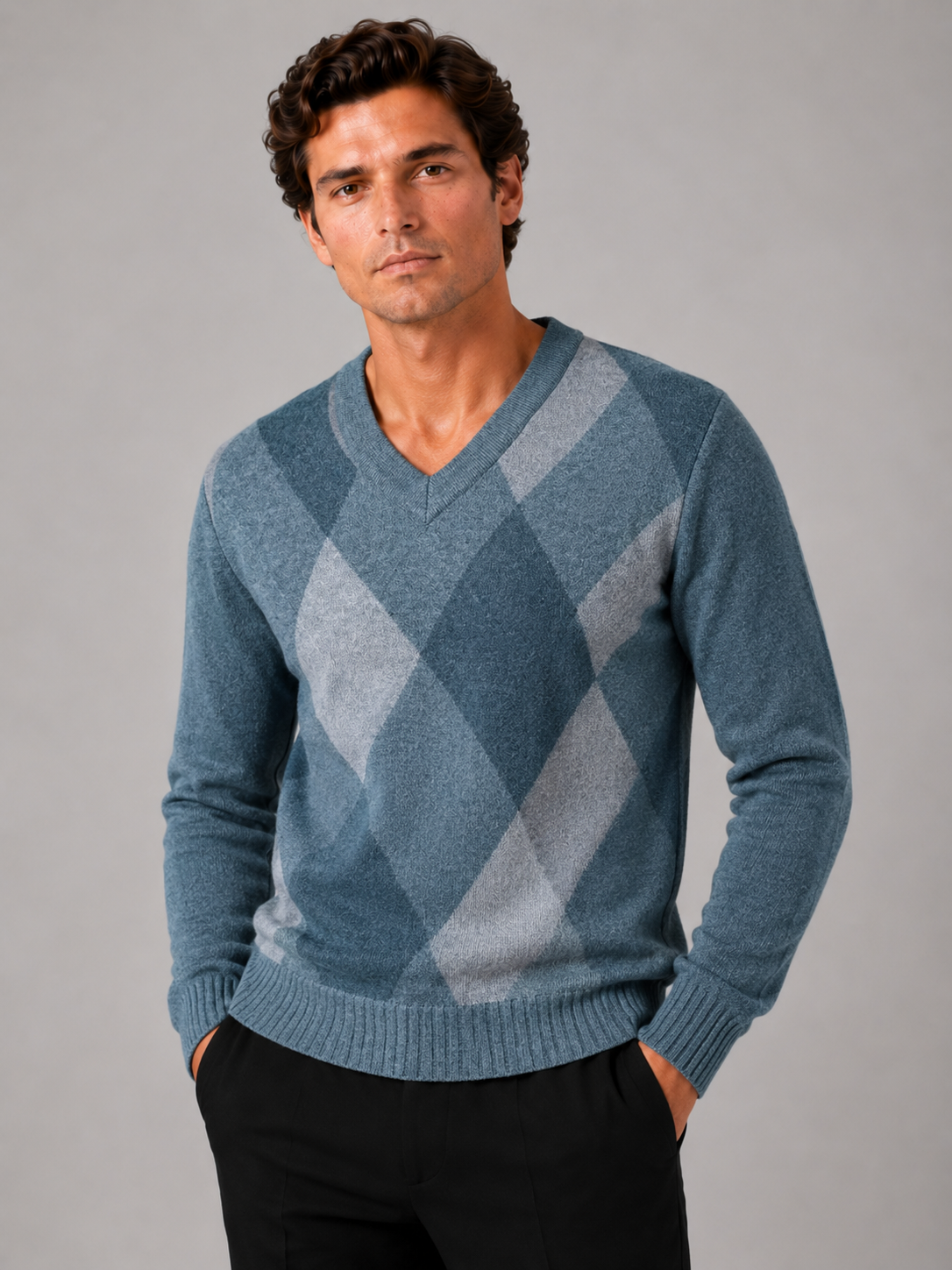 Men wearing blue plaid v neck knit sweater long sleeve fall business casual style