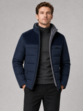Men wearing blue puffer jacket plush lined thick warm stand collar winter outdoor style