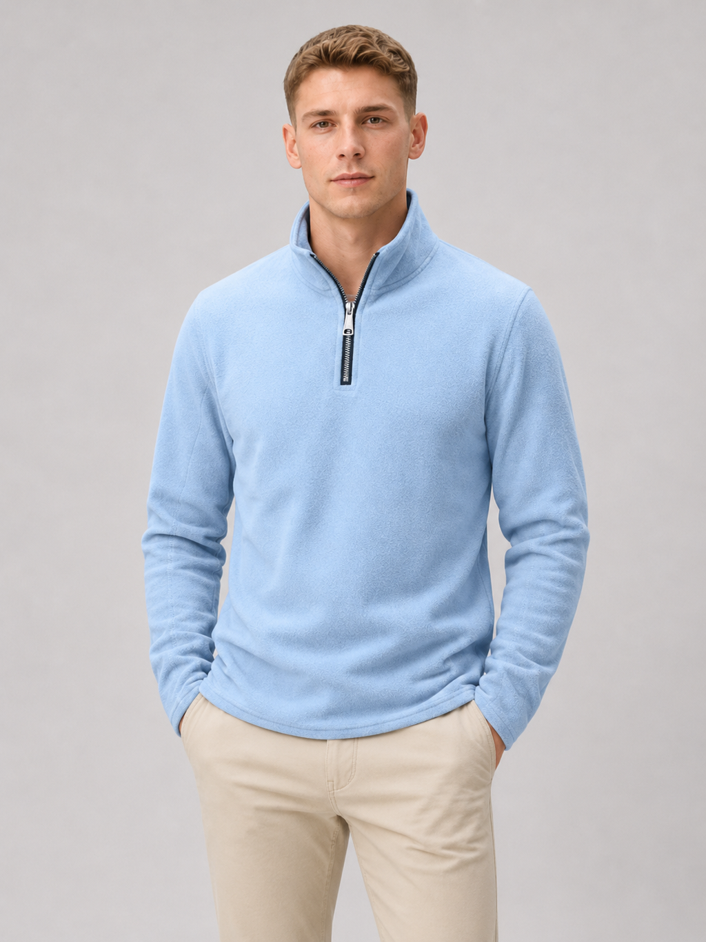 Men wearing blue quarter zip fleece pullover thick warm winter casual outdoor style