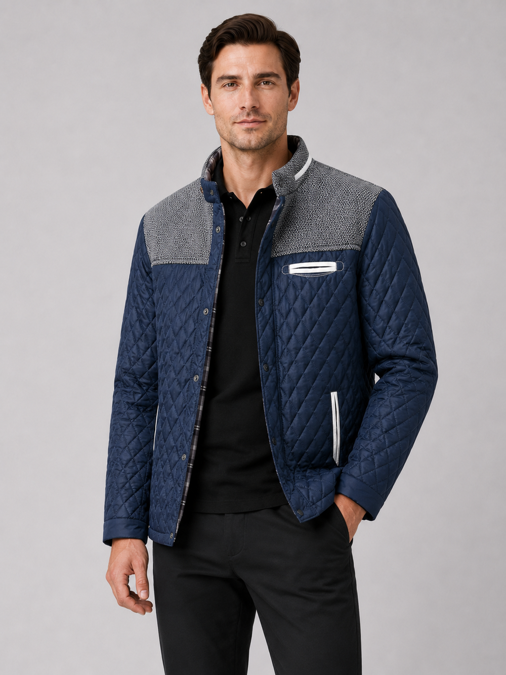 Men wearing blue quilted jacket lightweight button down casual fall travel style