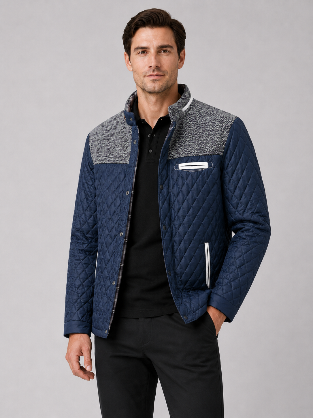 Men wearing blue quilted jacket lightweight button down casual fall travel style