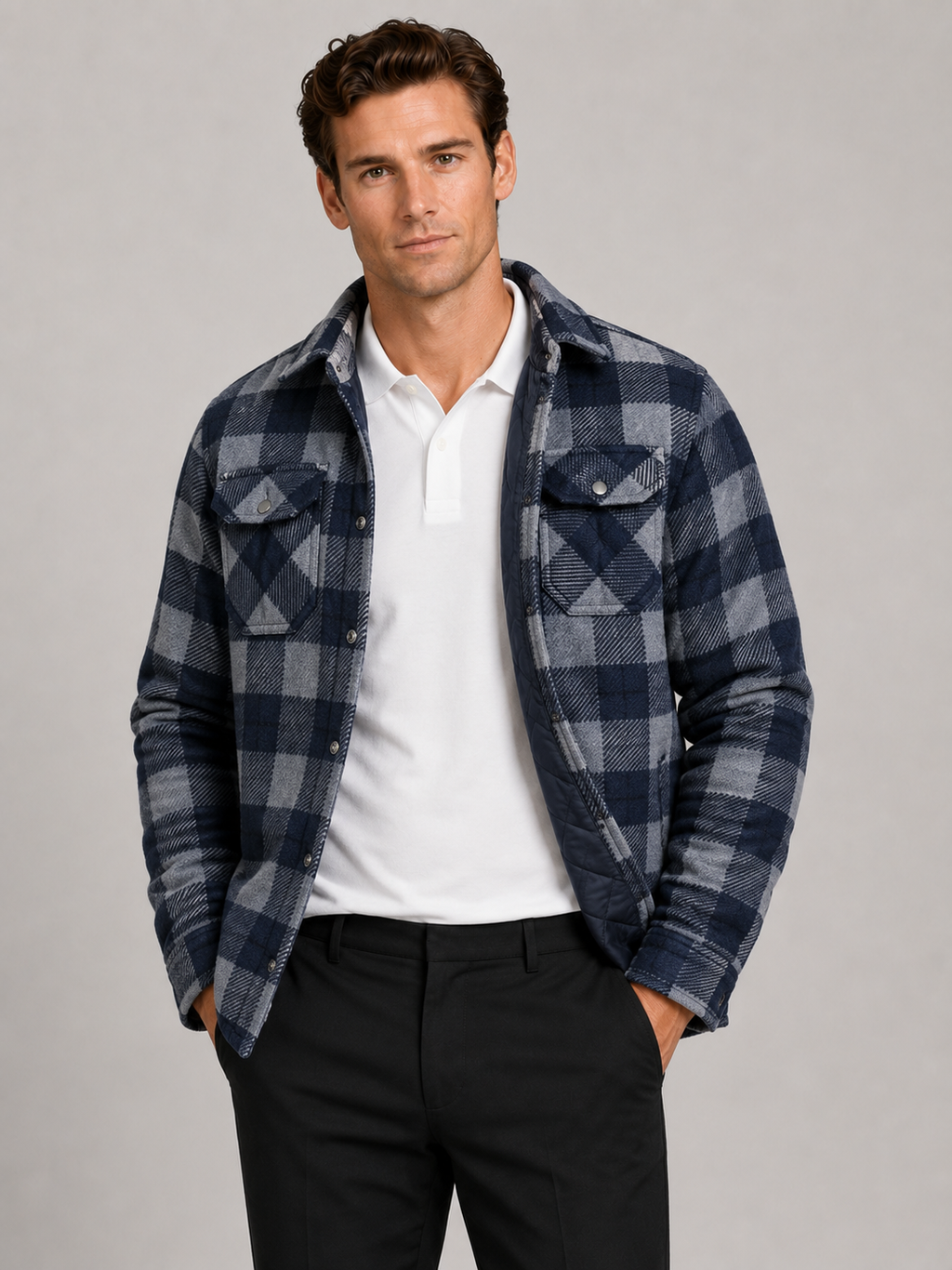 Men wearing blue quilted jacket plaid flannel lined casual winter fall outdoor style