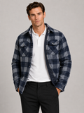 Men wearing blue quilted jacket plaid flannel lined casual winter fall outdoor style