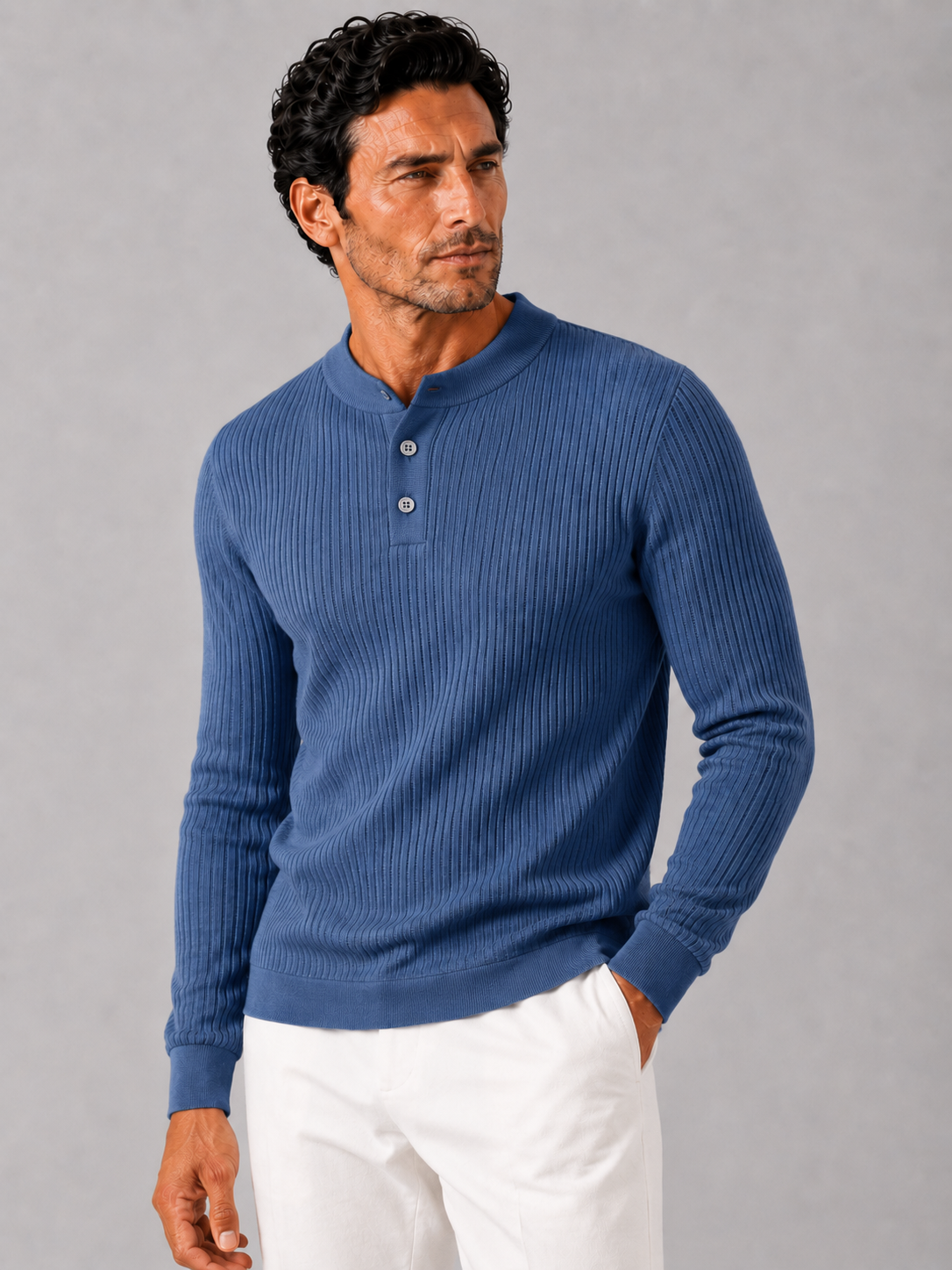 Men wearing blue ribbed stripe long sleeve henley polo shirt slim fit autumn winter style