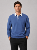 Men wearing blue rugby polo long sleeve loose fit knit fall business casual style
