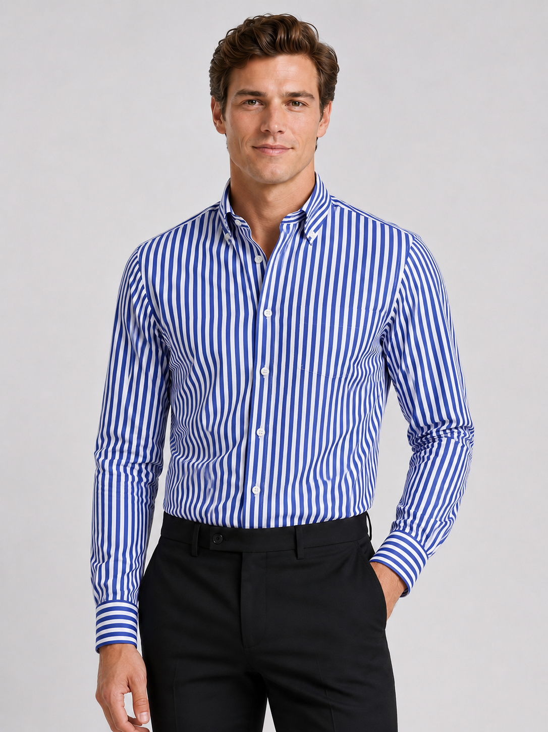 Men wearing blue striped button down long sleeve shirt slim fit business casual office style