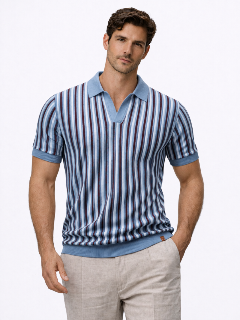 Men’s Striped Open Collar Knit Polo Shirt Lightweight Summer Old Money Style for Vacation and Weekend Wear