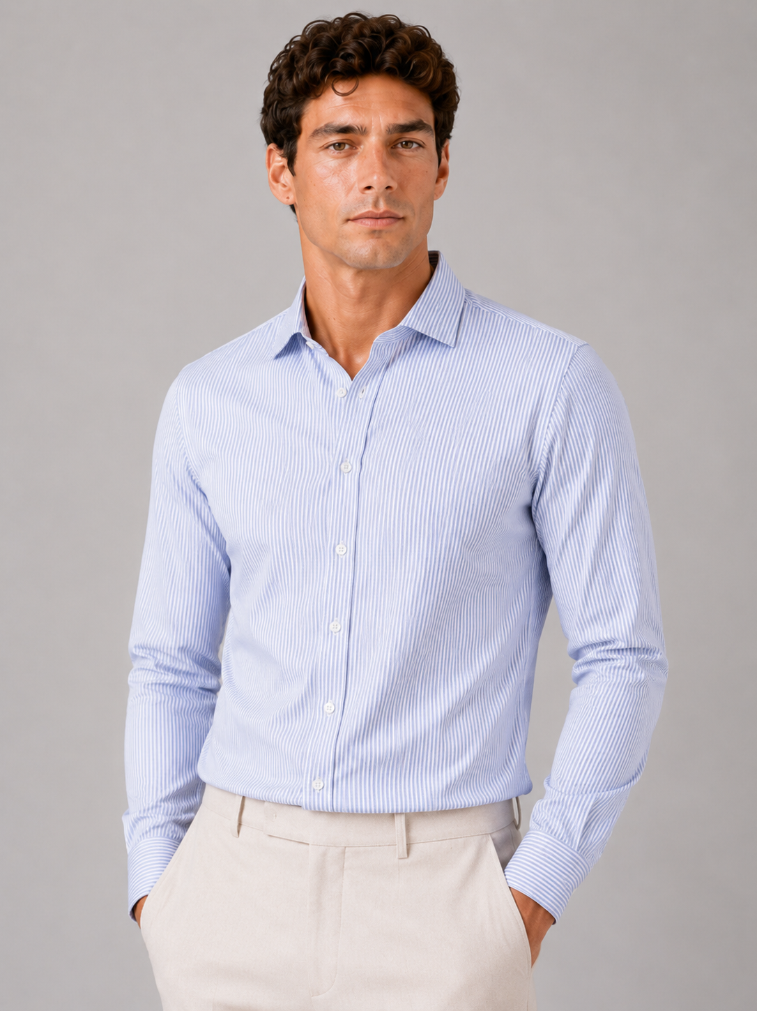 Men wearing blue striped oxford shirt cotton button up lightweight summer business casual style