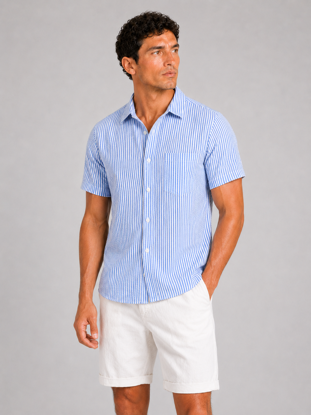 Men wearing blue seersucker striped short sleeve shirt lightweight breathable summer vacation style