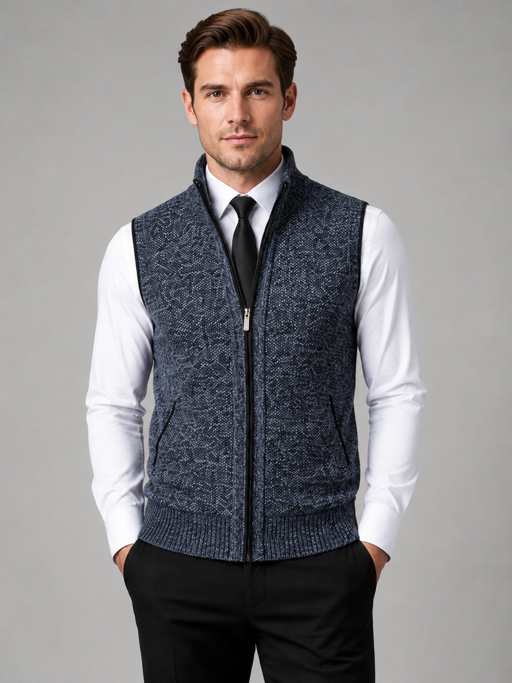 Men wearing blue full zip sweater vest stand collar slim fit knit fall winter business casual style