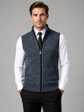 Men wearing blue full zip sweater vest stand collar slim fit knit fall winter business casual style