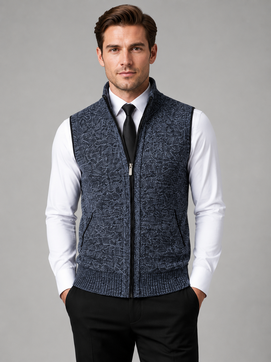 Men wearing blue full zip sweater vest stand collar slim fit knit fall winter business casual style