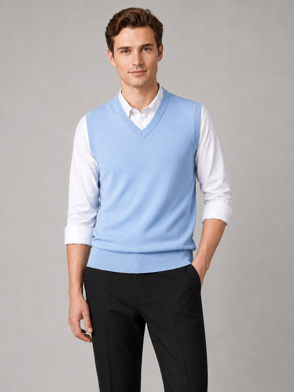 Men wearing blue sweater vest v neck solid color knit fall winter business casual style