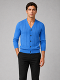 Men wearing blue v neck cardigan sweater slim fit knit long sleeve spring fall business casual style