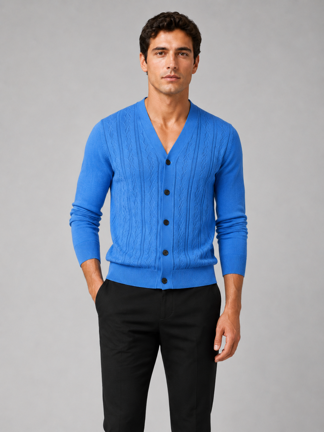 Men wearing blue v neck cardigan sweater slim fit knit long sleeve spring fall business casual style