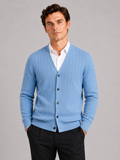 Men wearing blue v neck cardigan sweater slim fit long sleeve knit business casual style