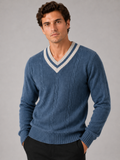 Men wearing blue v neck knit sweater breathable warm long sleeve fall winter casual style