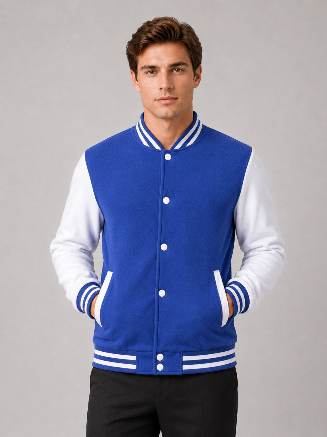 Men wearing blue varsity jacket fleece lined color block button front fall winter baseball style