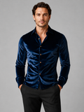Men wearing blue velvet button up shirt long sleeve lapel fall winter business casual style