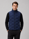 Men wearing navy white duck down vest stand collar windproof waterproof lightweight winter casual style