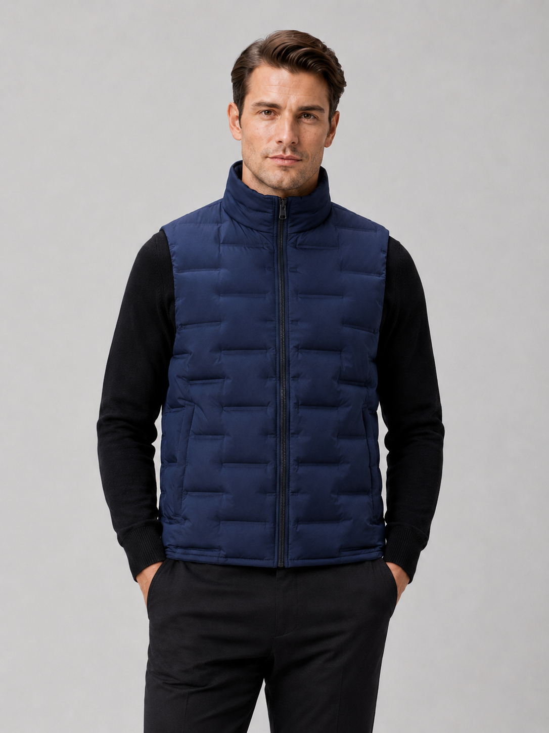Men wearing navy white duck down vest stand collar windproof waterproof lightweight winter casual style