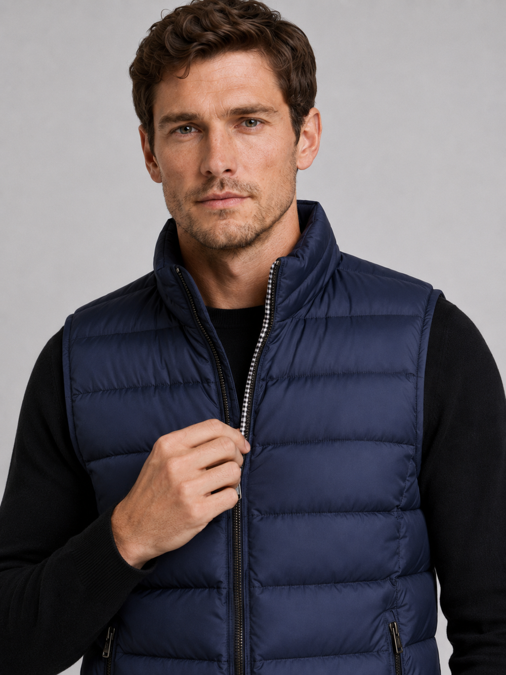Close-up of a blue windproof puffer vest showing the quilted insulation, zipper closure, stand collar, pockets, armholes, and stitching details