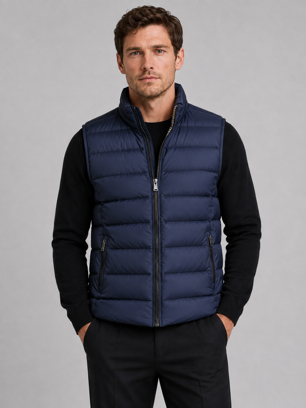 Front view of a man wearing a blue windproof puffer vest with thick insulation, sleeveless design, and full zip front