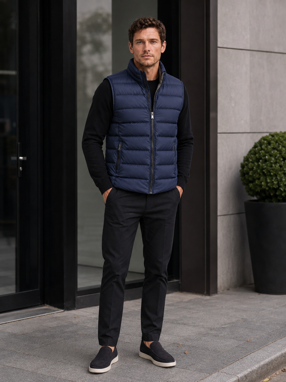 Man wearing a blue windproof puffer vest in a casual fall winter outfit for outdoor and everyday wear