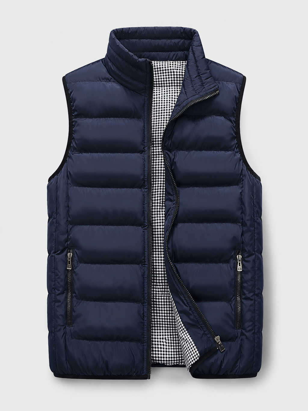 Blue men’s thick insulated windproof puffer vest displayed on a plain background