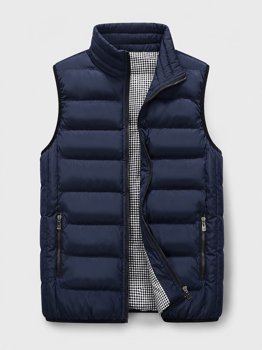 Blue men’s thick insulated windproof puffer vest displayed on a plain background
