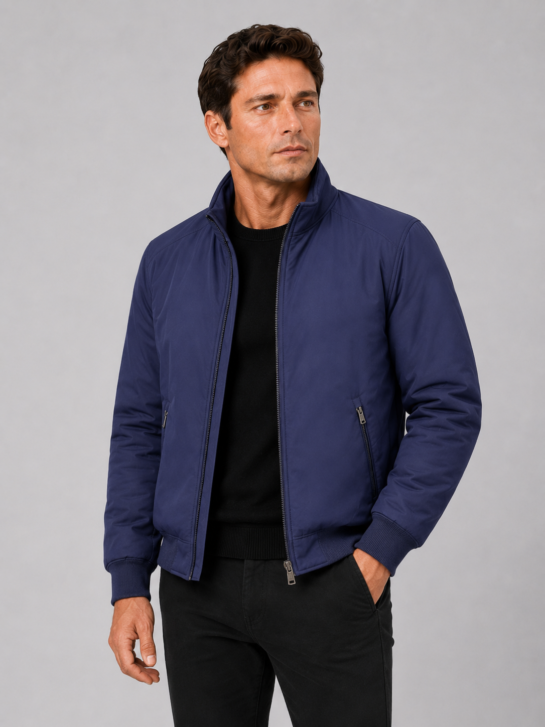 Men wearing blue winter fall jacket fleece lined thick warm business casual office style