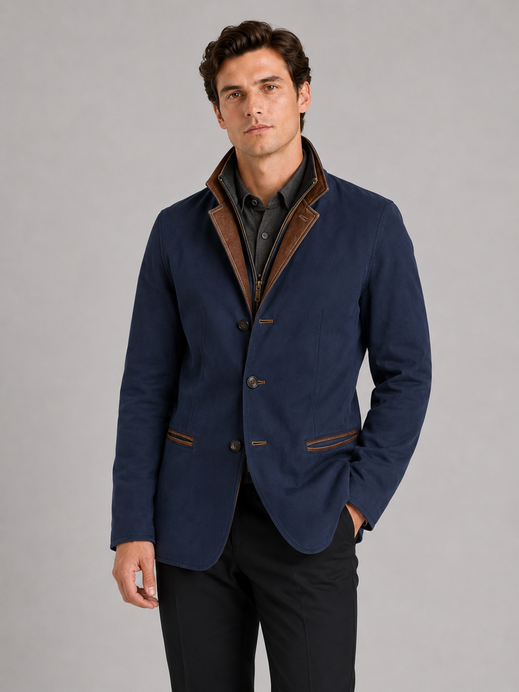 Men wearing blue workwear fall jacket contrast color lapel casual streetwear style