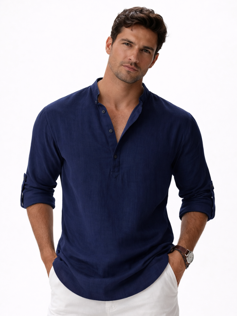 Men wearing navy collarless linen shirt button up lightweight breathable refined casual style