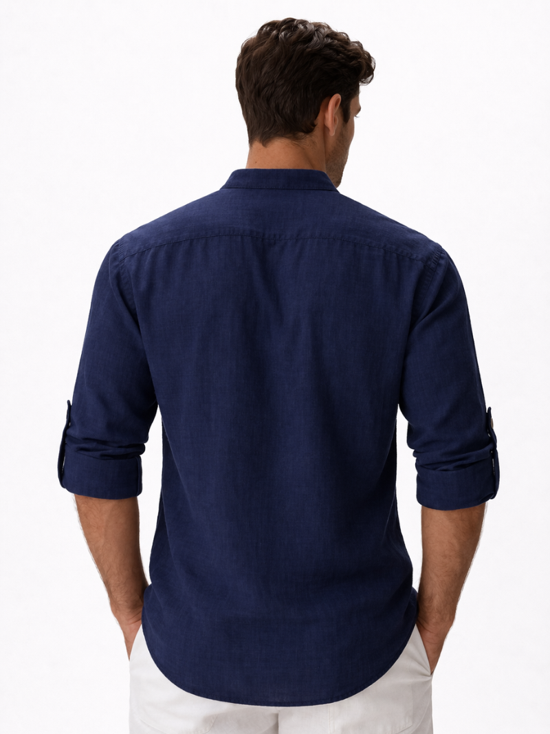 Navy linen button up shirt collarless design soft breathable fabric smart casual outfit