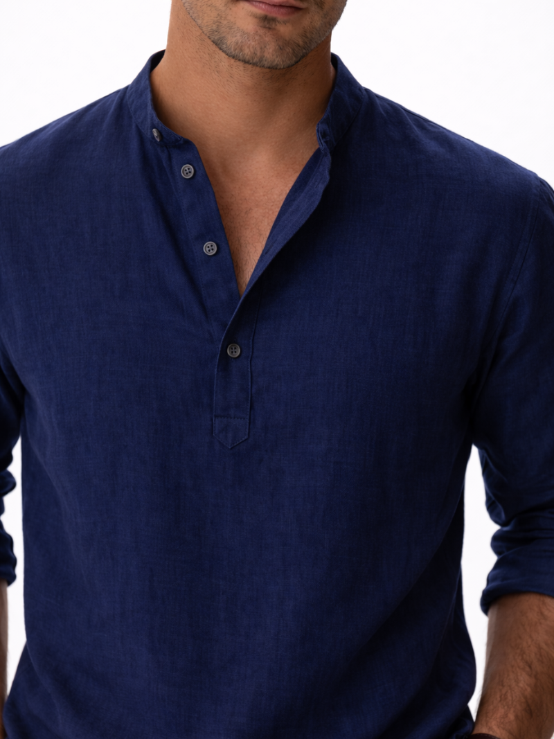 Navy collarless linen shirt button up soft breathable fabric minimal classic summer look