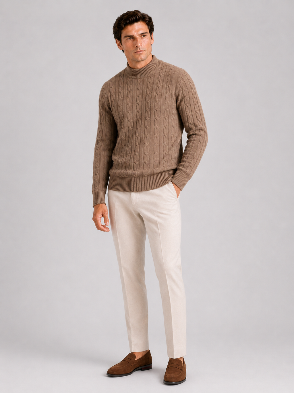 Brown wool cable knit mock neck sweater for men warm pullover for everyday winter wear