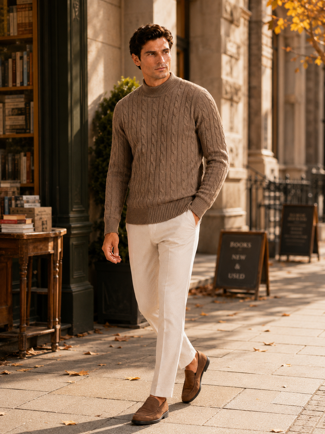 Man styling brown wool cable knit mock neck sweater in a warm fall winter lifestyle outfit