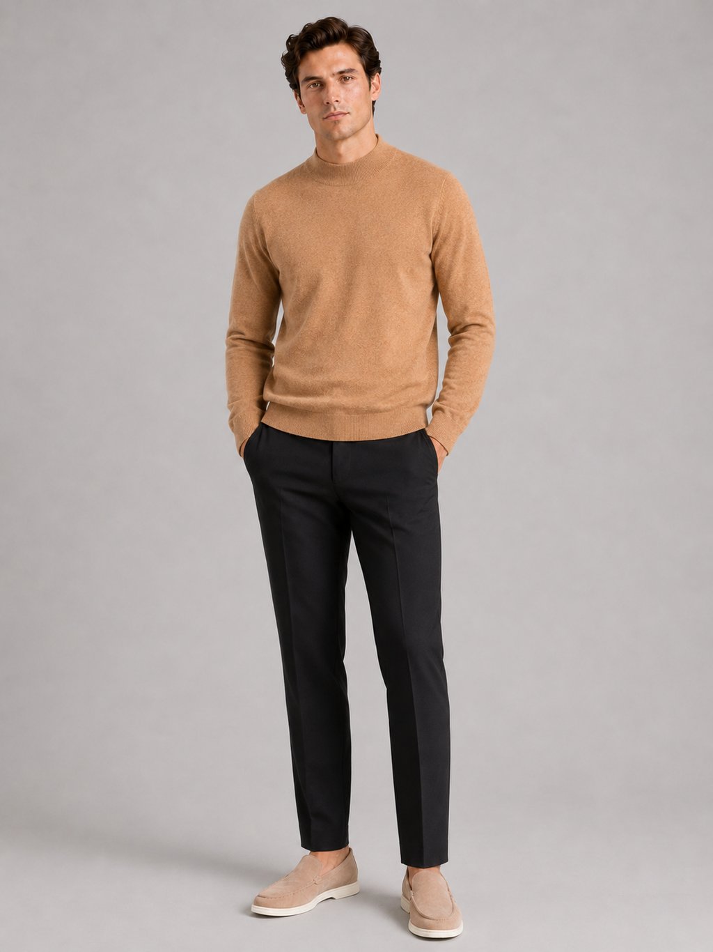 Brown wool mock neck sweater for men warm winter pullover for everyday and office wear