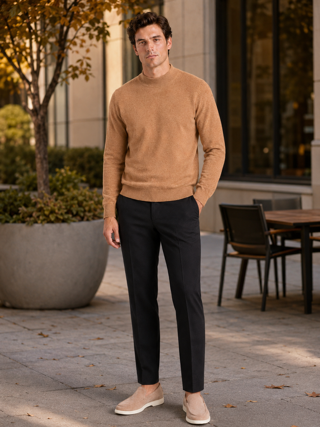 Man styling brown wool mock neck sweater in a refined fall winter lifestyle outfit